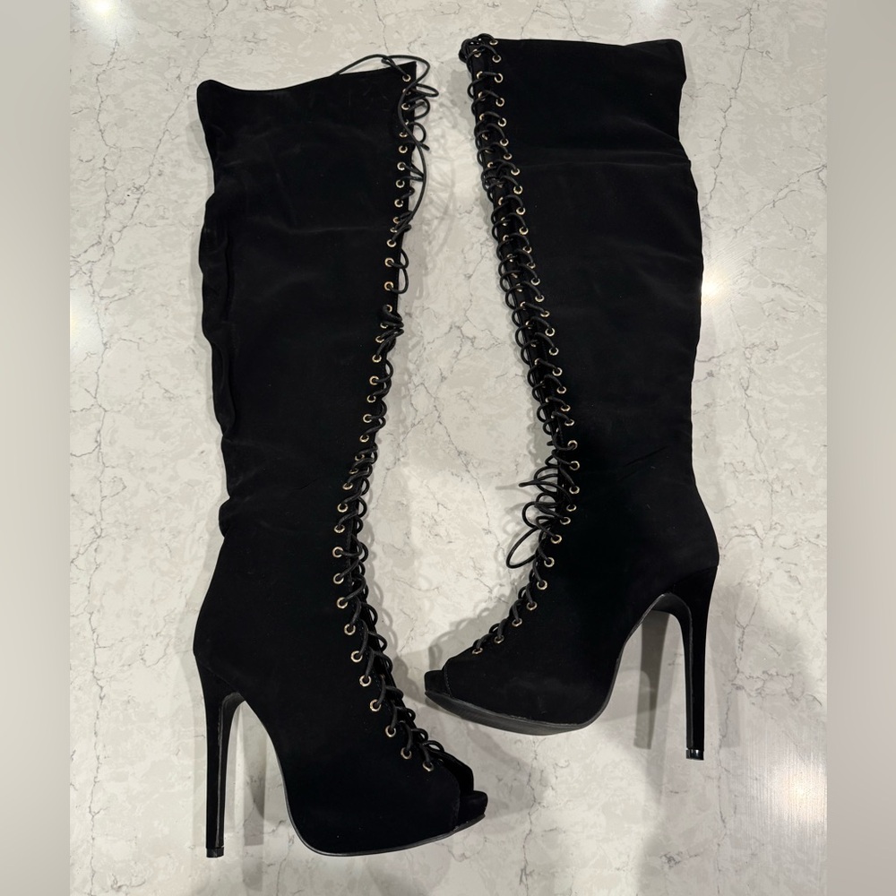 Lace up over the knee peep toe boots